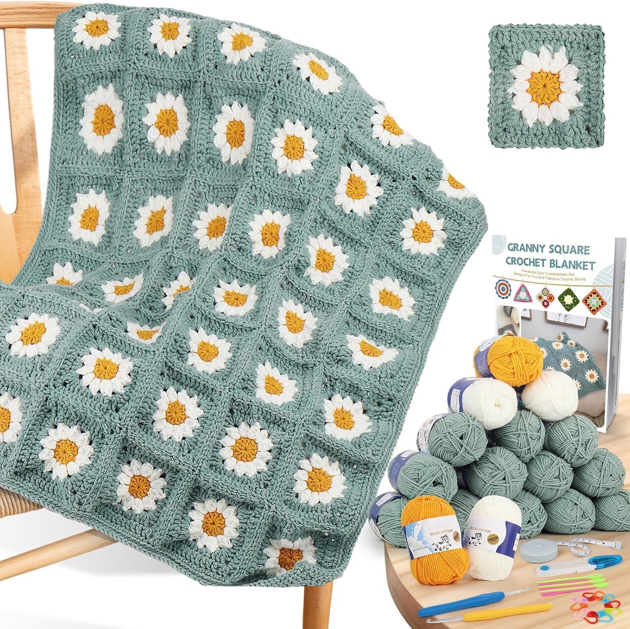 Crochet Starter Kit for Blanket, Granny Squares & Instructions, Easy Learn to Crochet